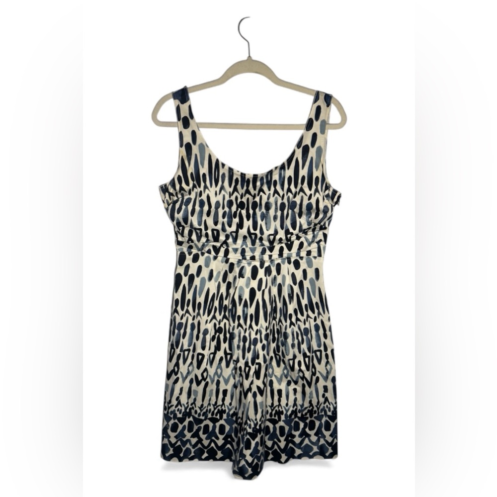 Elie Tahari White Teal Blue Abstract Geometric Print Sheath Dress 10 Sleeveless